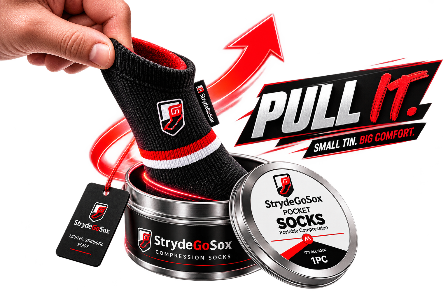 Compression sock pulled from the tin